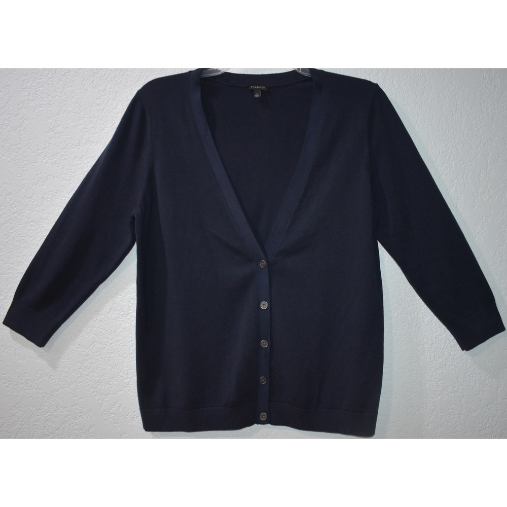 Talbots LARGE Button Front Cardigan Sweater 3/4 Sleeve Navy Blue V-Neck Classic